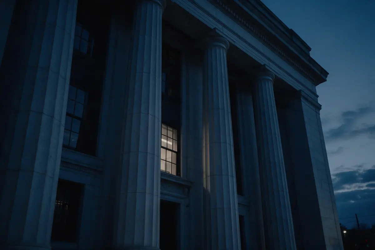 Fachada de banco com colunas clássicas iluminada pela luz do entardecer