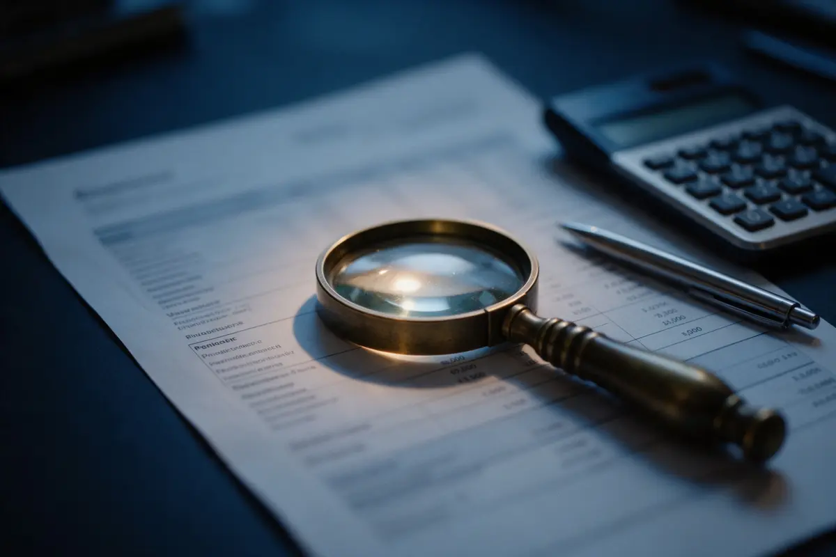 Extrato de investimentos sob uma lupa que destaca as linhas de taxas cobradas