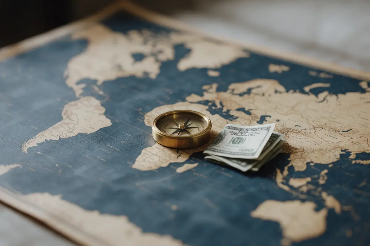 Mapa-múndi antigo com uma bússola e cédulas de dólar sobre a mesa