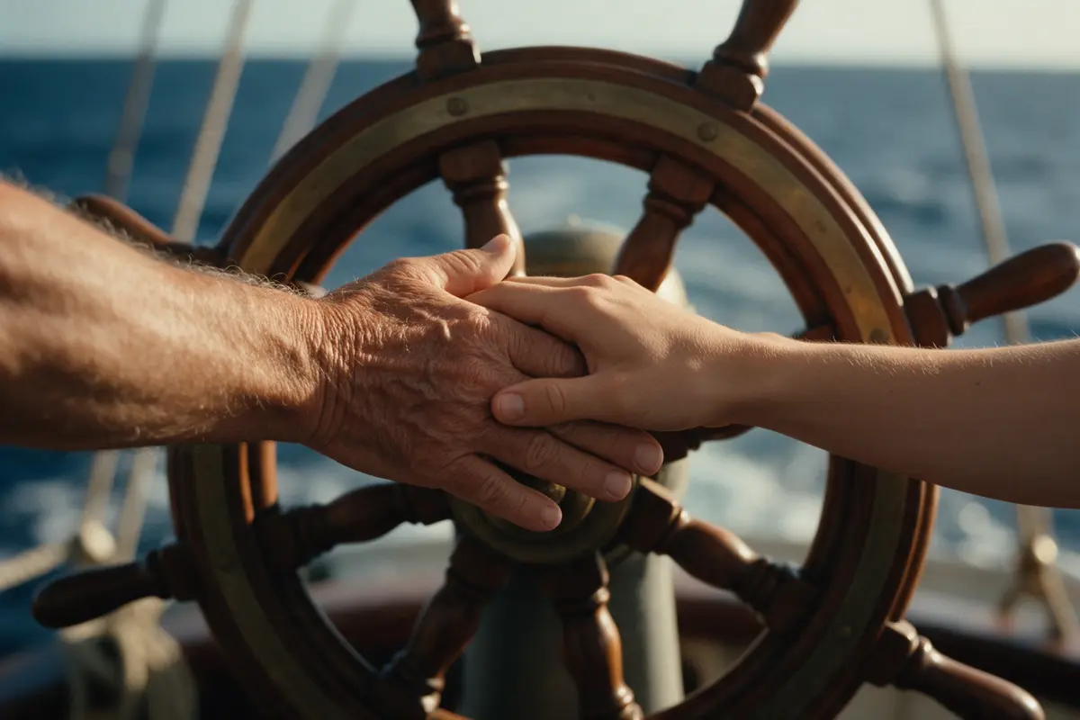 Mãos de pai e filho segurando juntas o leme de madeira de um barco
